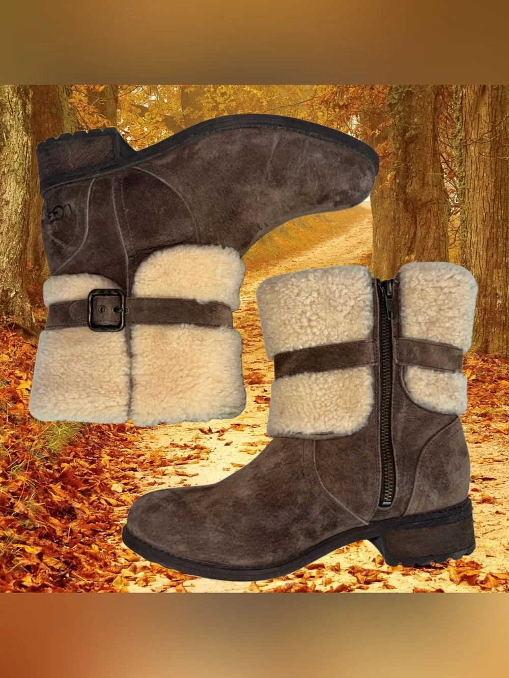 Ugg Blayre II Sheepskin & Suede Espresso Mid Calf Boots, Buckle Side Zip Sz 8.5